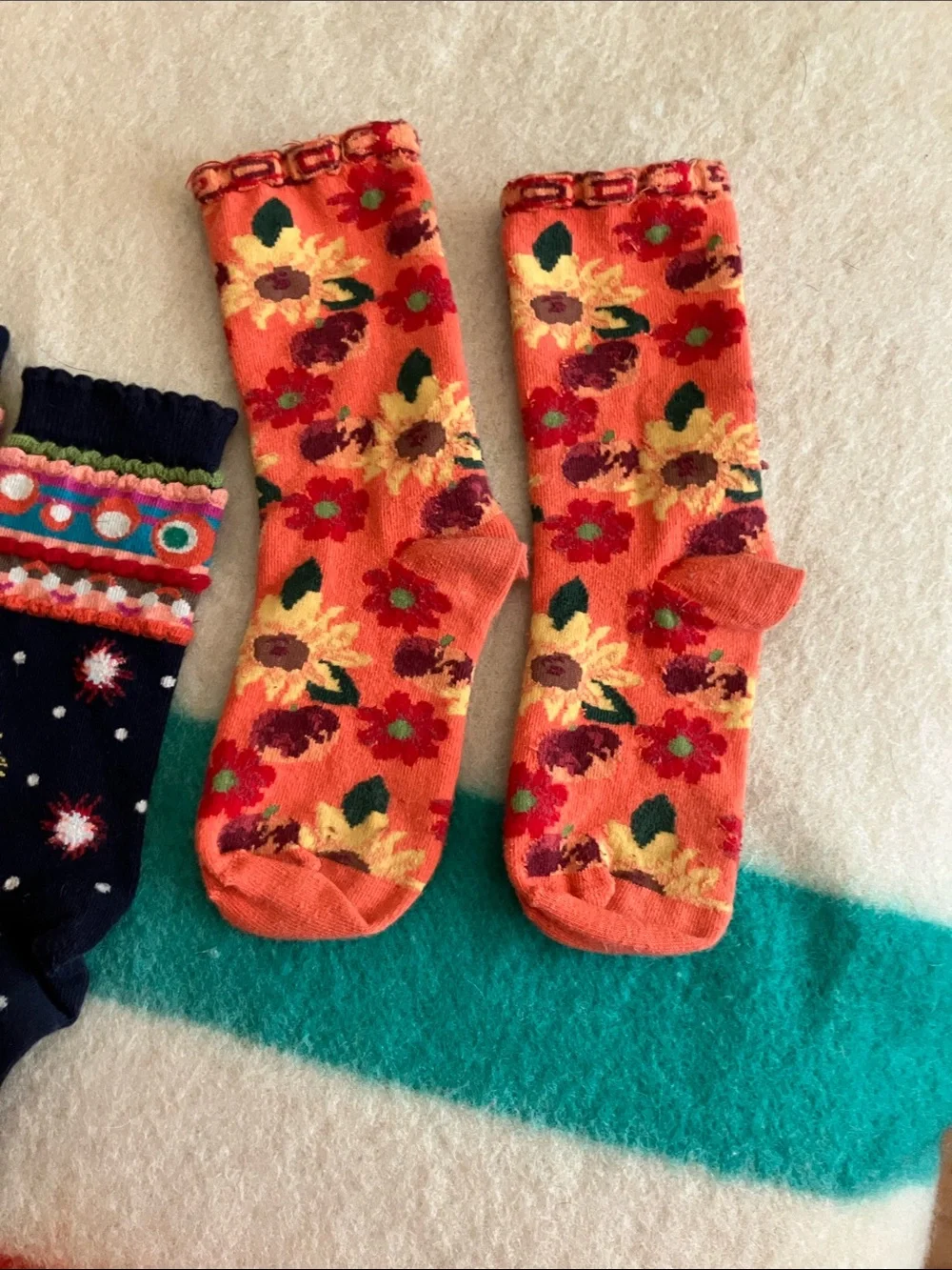 Girls' Floral & Star Print Crew Socks - Navy, Purple, Orange